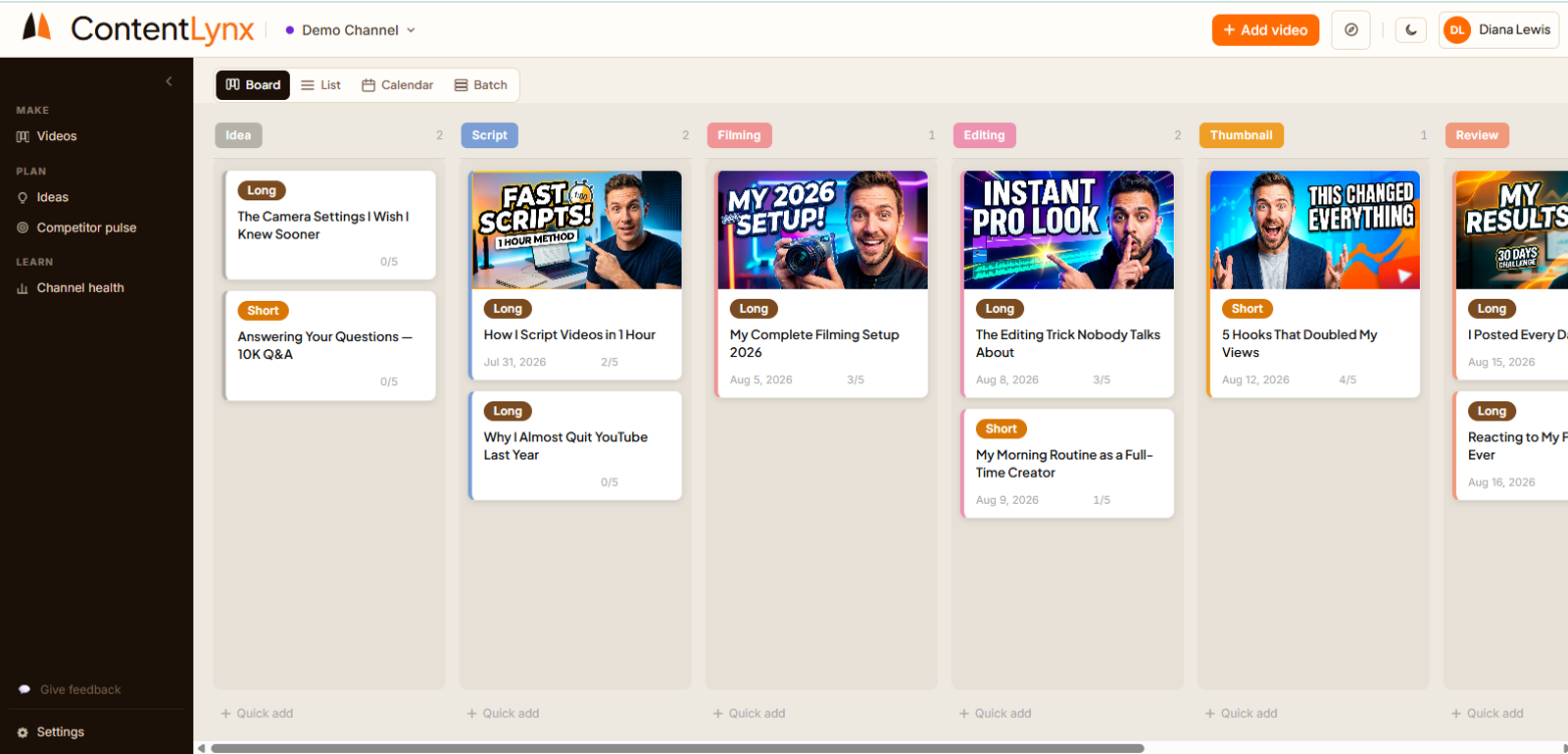 ContentLynx production board — track every YouTube video through your pipeline