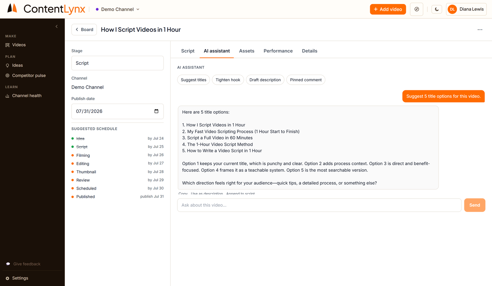 ContentLynx Editorial Assistant — generate YouTube title variations and description drafts from your script