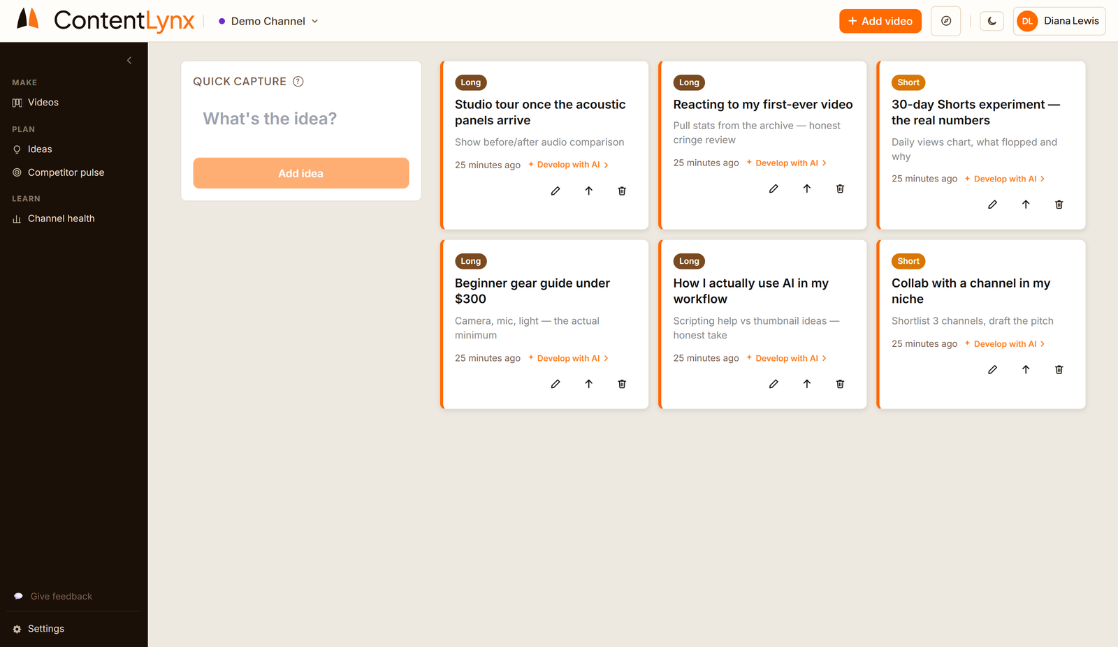 ContentLynx Idea Vault — capture and develop your YouTube video ideas